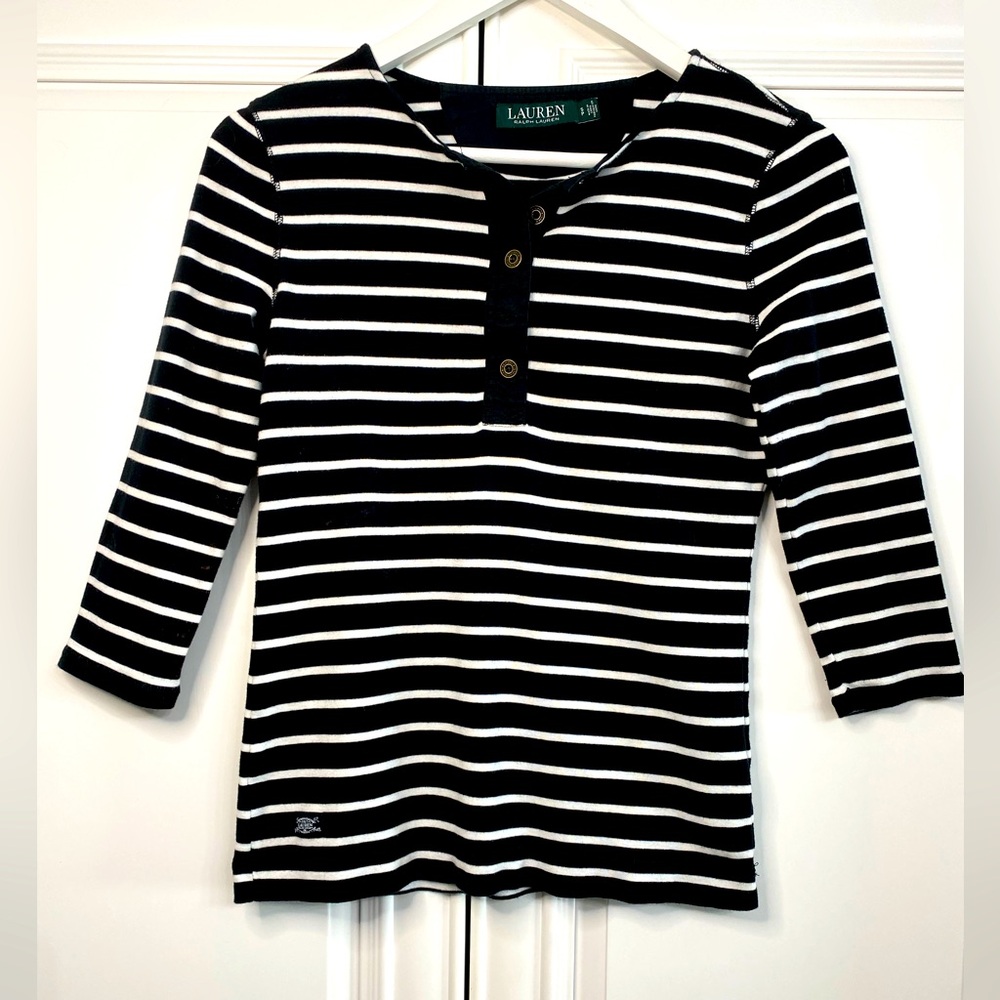Lauren Ralph Lauren Women’s Small Black White Stripes Crew Neck Opening Top